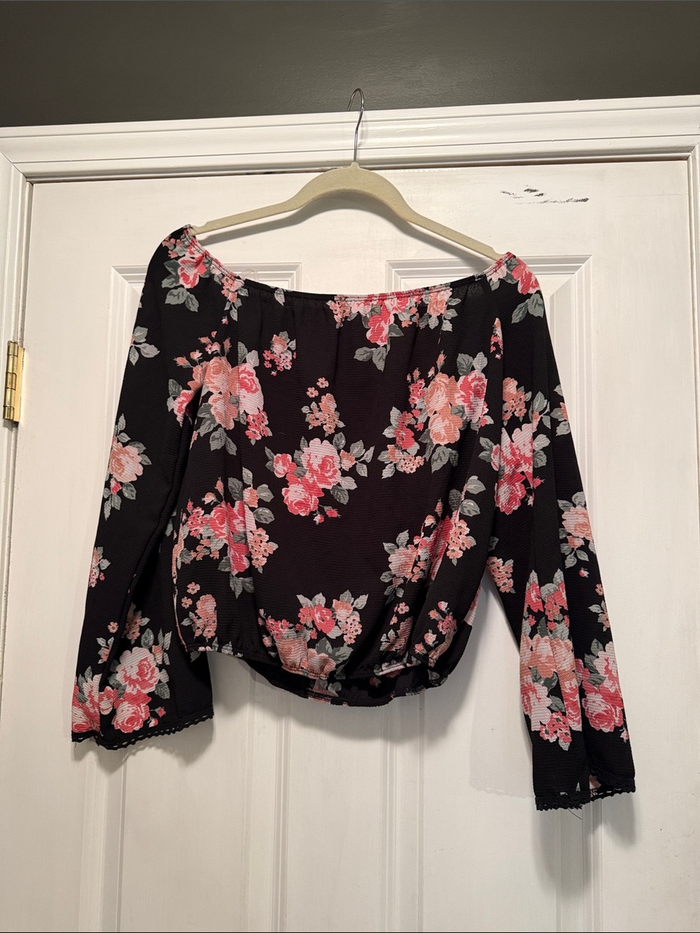 Off-Shoulder Black Floral Blouse with Pink Rose Print
